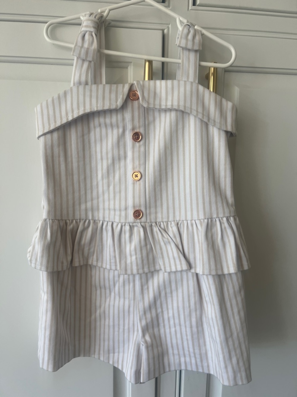 Janie and Jack White & Tan Striped Ruffle Romper